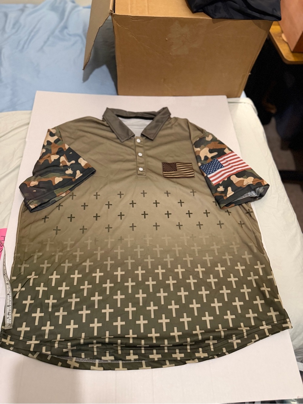 I59/I60 (2) 2XL Men's Olive Green Camo Sleeve Polo Shirt with Flag Patch